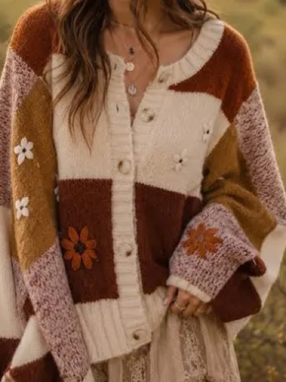 Patchwork Floral Button-Up Cardigan Sweater - Cream, Brown & Rust‎
